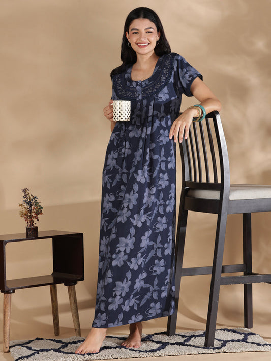 Blossom blue crush cotton designer nighty for women