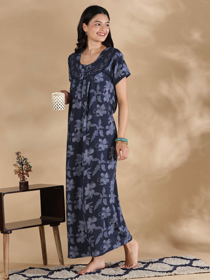 Blossom blue crush cotton designer nighty for women