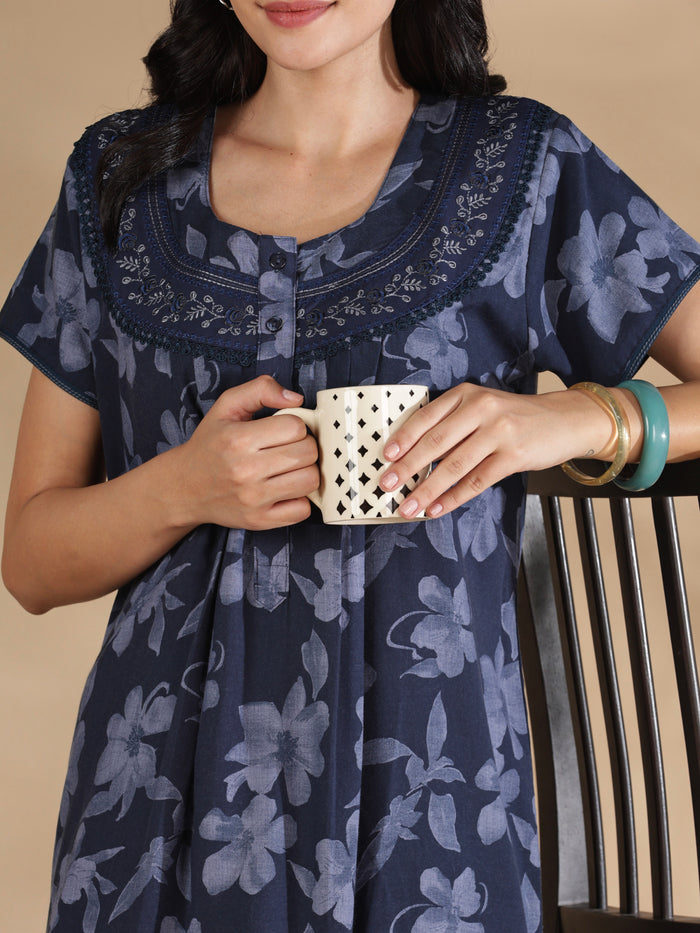 Blossom blue crush cotton designer nighty for women