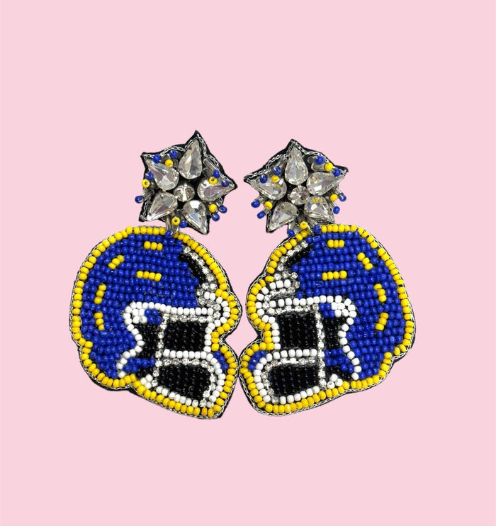 Blue and yellow beaded earrings featuring a helmet design by Camel Threads, displayed against a neutral background.