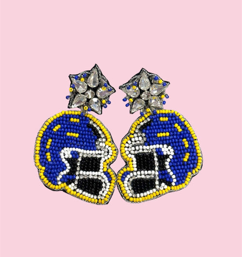 Blue and yellow beaded earrings featuring a helmet design by Camel Threads, displayed against a neutral background.