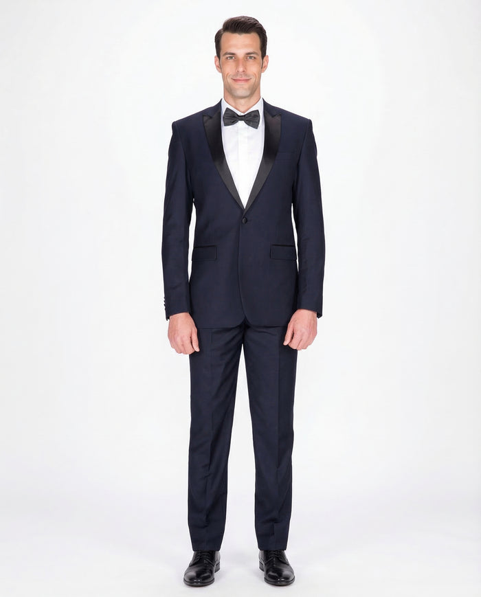 Braveman Slim Fit Navy Blue One Button Tuxedo Tux Suit With Peak Lapels - The Suit Depot