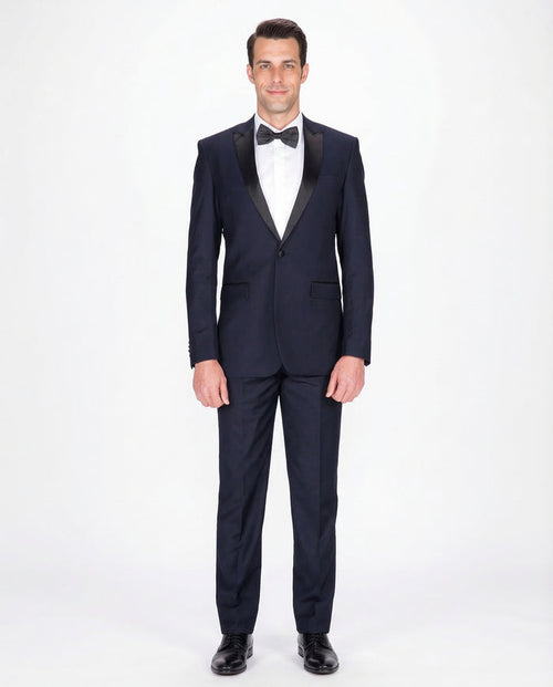 Braveman Slim Fit Navy Blue One Button Tuxedo Tux Suit With Peak Lapels - The Suit Depot