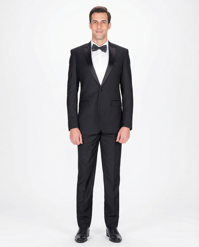 Braveman Slim Fit Solid Black One Button Tuxedo Tux Suit With Peak Lapels - The Suit Depot