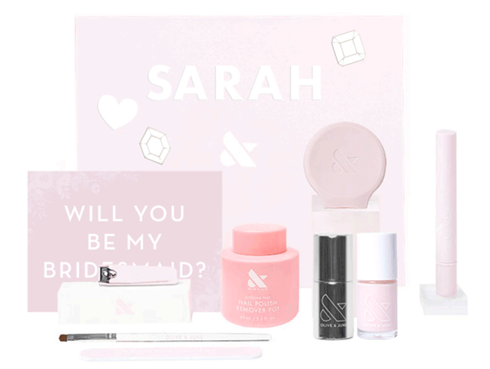 BRIDESMAID PROPOSAL BOX featuring nail polish, remover, tools, and a personalized bridesmaid invitation set for at-home manicures