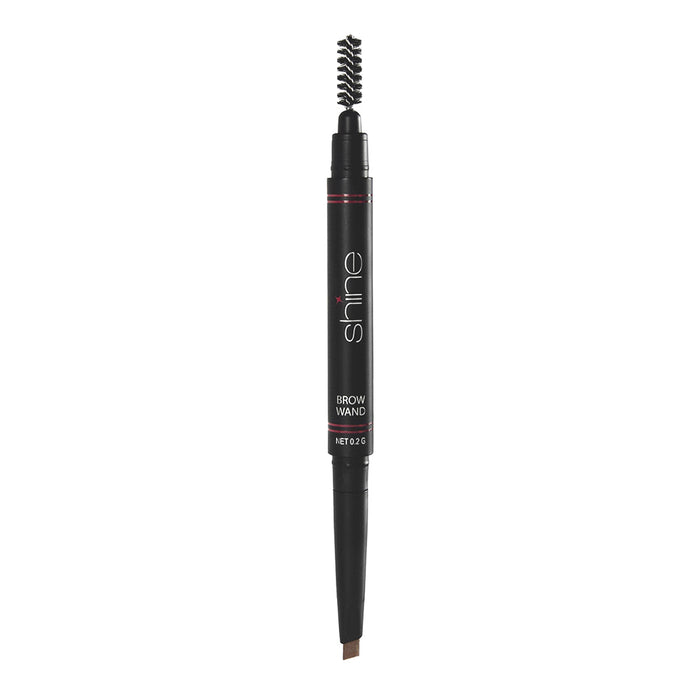 A black Brow Wand by Shine Cosmetics with a spoolie brush on one end and a colored eyebrow pencil on the other.