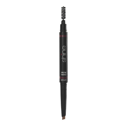 A black Brow Wand by Shine Cosmetics with a spoolie brush on one end and a colored eyebrow pencil on the other.