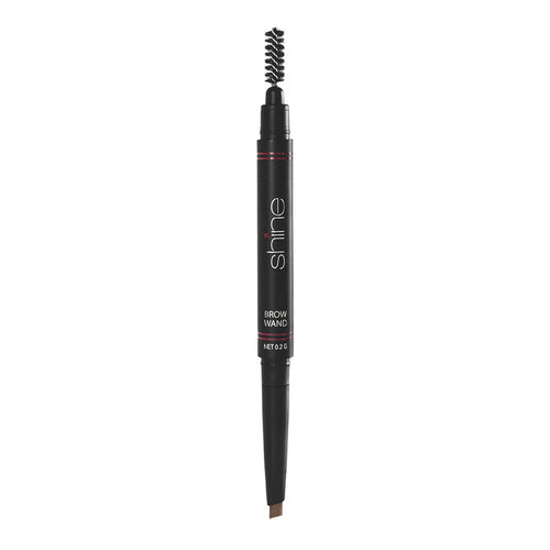 A black Brow Wand by Shine Cosmetics with a spoolie brush on one end and a colored eyebrow pencil on the other.