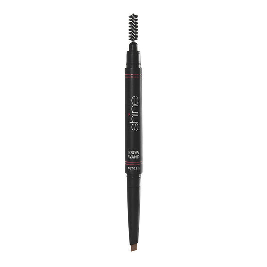 A black Brow Wand by Shine Cosmetics with a spoolie brush on one end and a colored eyebrow pencil on the other.