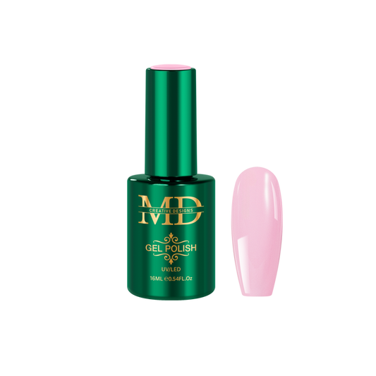 Green gel polish bottle with pink nail tip color swatch on a white background
