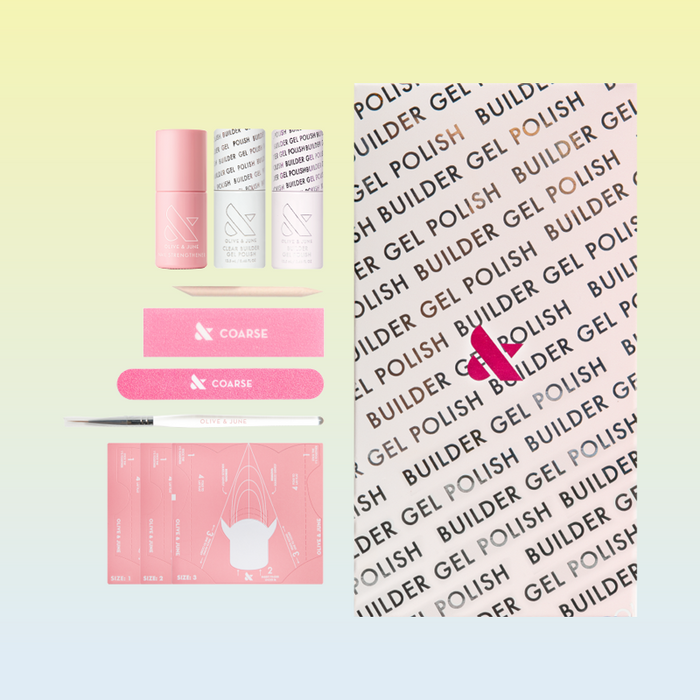 Builder Gel Kit displaying gel bottles, nail files, brush, sizing guide, and packaging for at-home gel manicure.