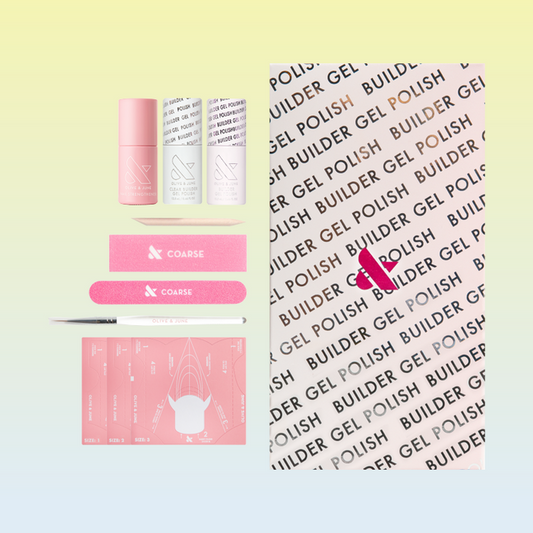 Builder Gel Kit displaying gel bottles, nail files, brush, sizing guide, and packaging for at-home gel manicure.