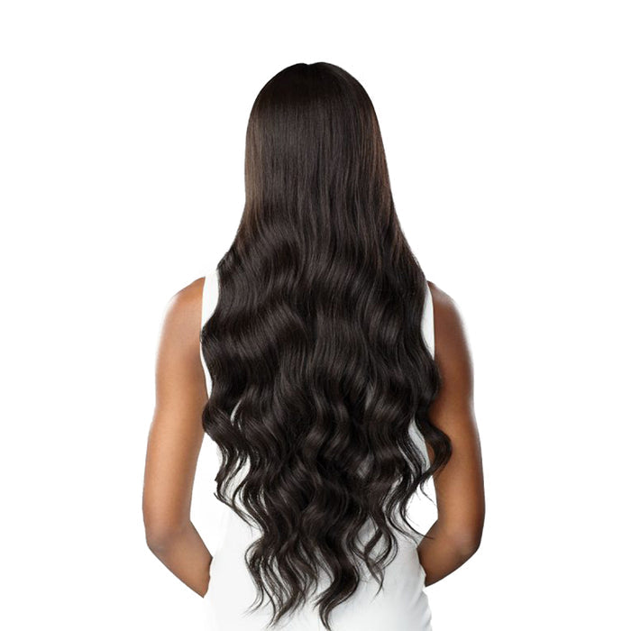 SENSATIONNEL loose wave lace front wig long dark brown wavy hair back view on model