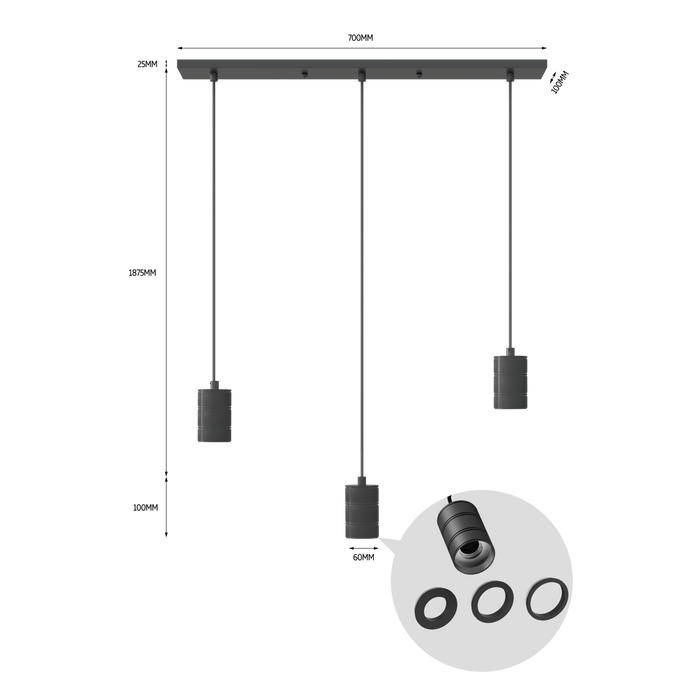 Calex Pendant Light - 3x E27 - Black