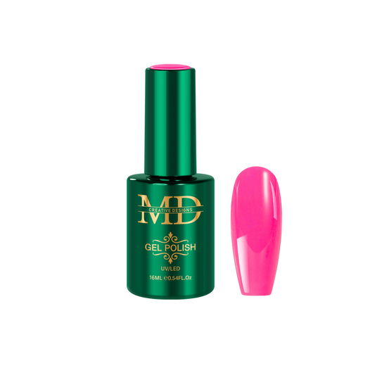 Green gel polish bottle with pink nail tip color swatch on a white background