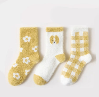Caramella Winter Thickened Coral Fleece Mid-calf Socks 6 pairs