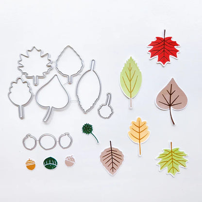 Catherine Pooler - Stamp & Die Set - Changing Leaves. Perfect mid-sized leaves for all your cards and scrapbook pages. Includes 5 solid stamp leaves with separate vein and stem stamps. Includes an acorn, gumball and chestnut to add to your fall card. Available at Embellish Away located in Bowmanville Ontario Canada.