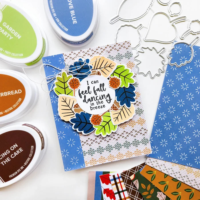 Catherine Pooler - Stamp & Die Set - Changing Leaves. Perfect mid-sized leaves for all your cards and scrapbook pages. Includes 5 solid stamp leaves with separate vein and stem stamps. Includes an acorn, gumball and chestnut to add to your fall card. Available at Embellish Away located in Bowmanville Ontario Canada. Card example by Catherine Pooler Designs.
