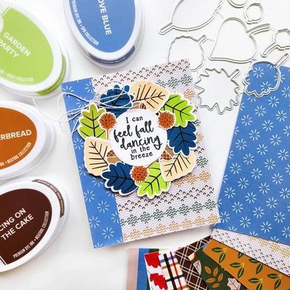 Catherine Pooler - Stamp & Die Set - Changing Leaves. Perfect mid-sized leaves for all your cards and scrapbook pages. Includes 5 solid stamp leaves with separate vein and stem stamps. Includes an acorn, gumball and chestnut to add to your fall card. Available at Embellish Away located in Bowmanville Ontario Canada. Card example by Catherine Pooler Designs.