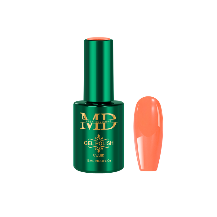 Green gel polish bottle with an orange nail tip color swatch on a white background