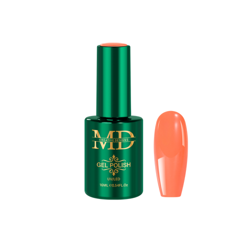 Green gel polish bottle with an orange nail tip color swatch on a white background