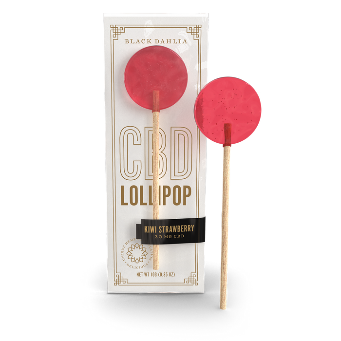 Black Dahlia CBD lollipops, kiwi strawberry flavor; red-pink round lollipops on sticks