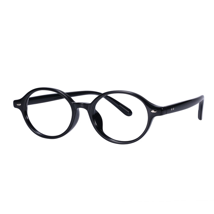 A pair of EyeCandys Chase Round Oval glasses with thick, glossy black frames, shown on a white background.