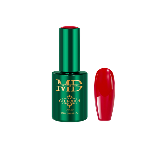 Green gel polish bottle with red nail tip color swatch next to it on a white background