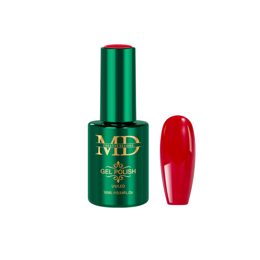 Green gel polish bottle with red nail tip color swatch next to it on a white background