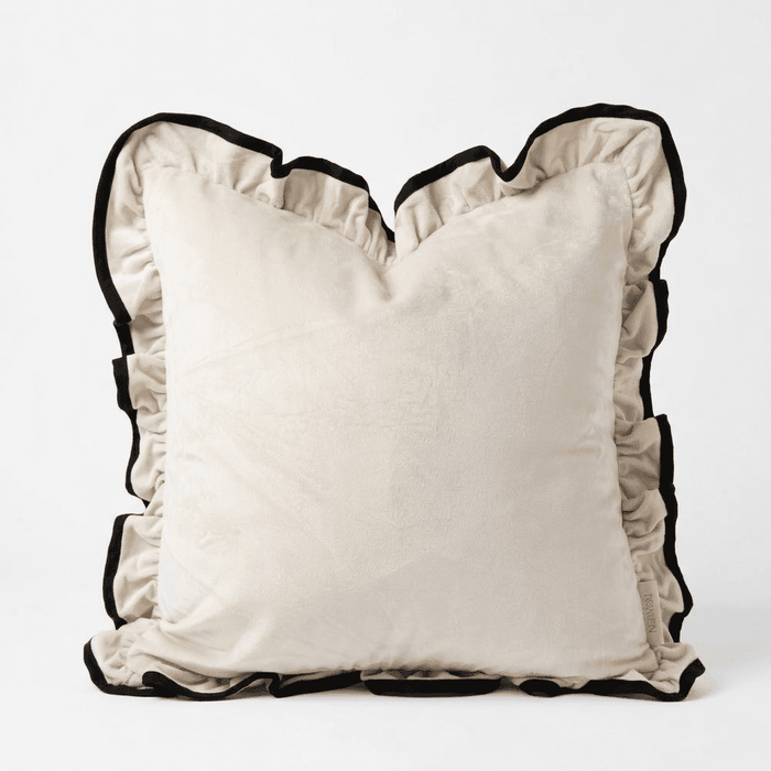 Clairvaux Cream Velvet Frilled Black Trim Cushion Cover - 45x45cm Textiles