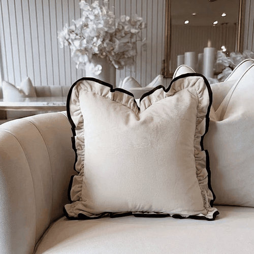 Clairvaux Cream Velvet Frilled Black Trim Feather Filled Cushion - 45x45cm