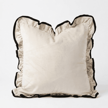 Clairvaux Cream Velvet Frilled Black Trim Feather Filled Cushion - 45x45cm