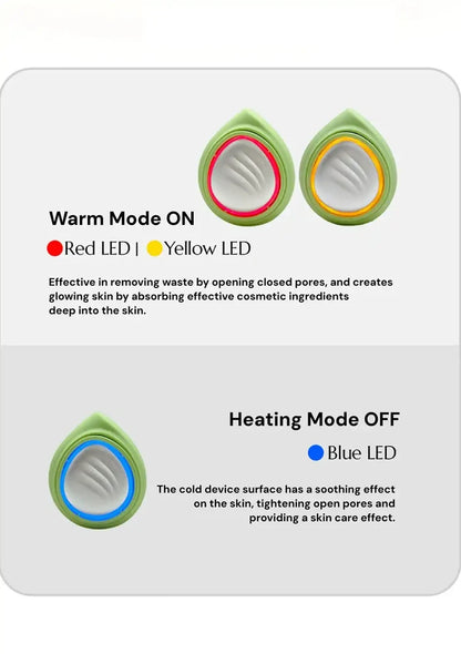An informational graphic showing two LED device views on a light gray background, labeled 'Warm Mode ON' with red and yellow LEDs and 'Heating Mode OFF' with a blue LED. Text describes skincare benefits, and the image appears to explain the product's lighting modes rather than present a clean product-only hero shot.