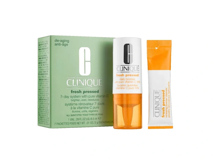 CLINIQUE Fresh Pressed 7 Day System With Pure Vitamin C Bright Even Retexturize مجموعة تفتيح البشرةبالفيتامين سي من كلينك