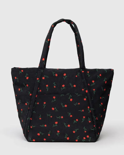 Cloud bag tote in black with red floral print and top handles, open design