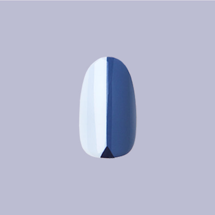Colorblock Triangle - Press-On | Medium | Oval showing medium oval false nail with split blue shades and triangle accent design