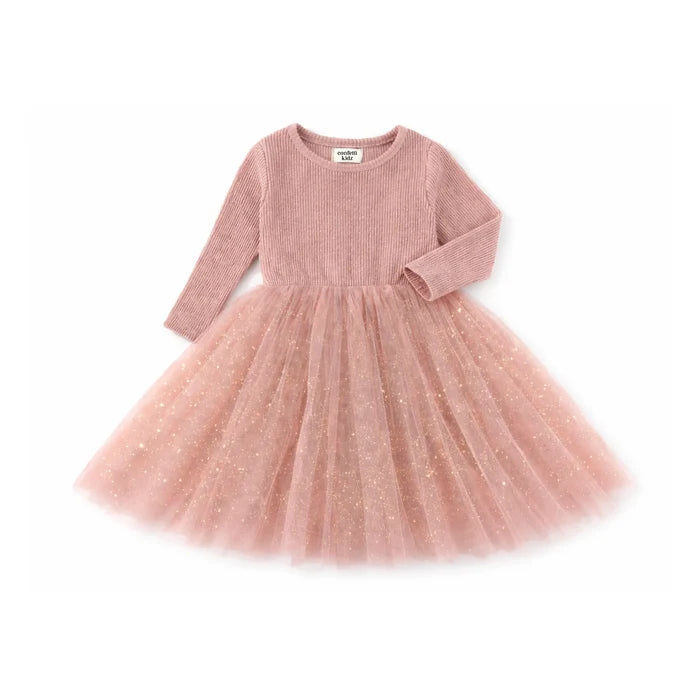 Confetti Kidz Ribbed Tulle long Sleeve Dress - Pink Sparkles
