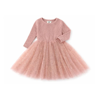 Confetti Kidz Ribbed Tulle long Sleeve Dress - Pink Sparkles