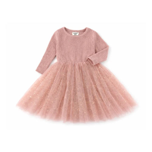 Confetti Kidz Ribbed Tulle long Sleeve Dress - Pink Sparkles