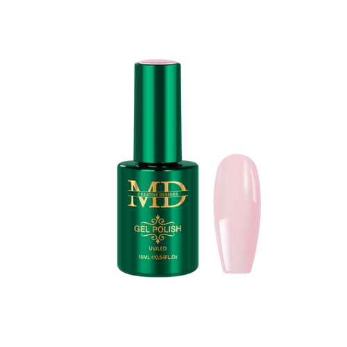 Green gel polish bottle with a pink nail tip color swatch on a white background
