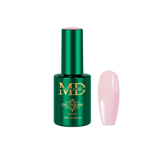 Green gel polish bottle with a pink nail tip color swatch on a white background