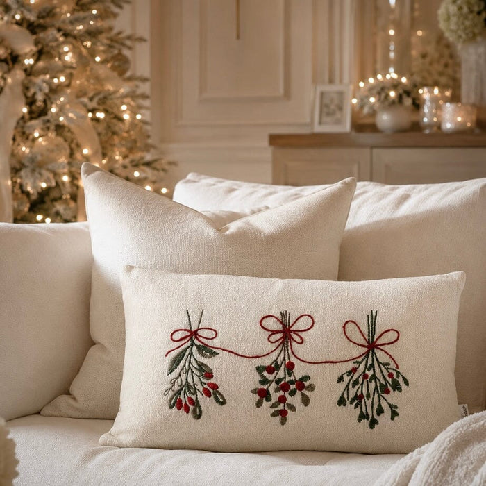 Cream, Green & Red Mistletoe Bolster Cushion - 50 x 30cm Textiles