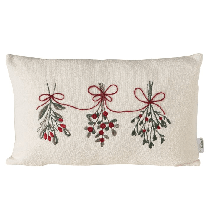 Cream, Green & Red Mistletoe Bolster Cushion - 50 x 30cm Textiles