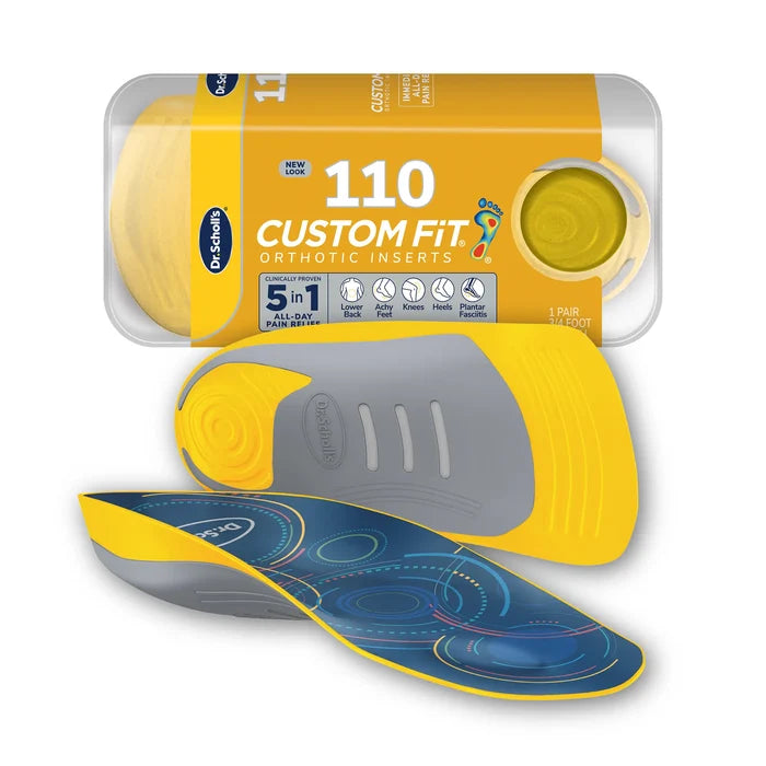 Custom FiT® 3/4-length orthotic inserts, CF 110, yellow pair with blue arch cushion