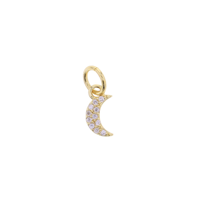 Gold crescent moon charm with pavé clear stones and loop clasp