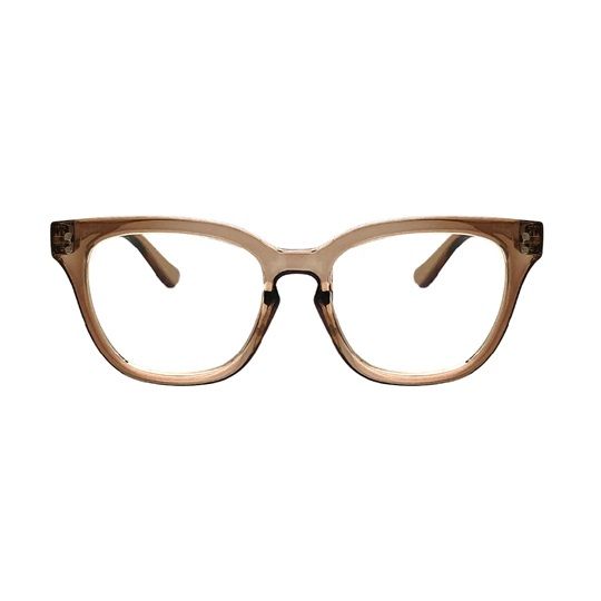 Dark brown translucent eyeglasses with round-square frames and clear lenses