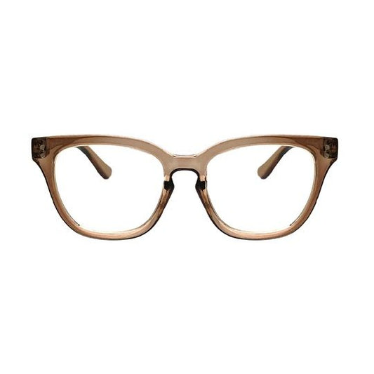 Dark brown translucent eyeglasses with round-square frames and clear lenses