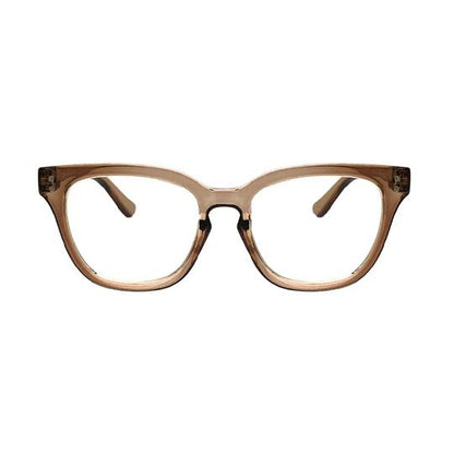 Brown eyeglasses with round-square frames and clear lenses