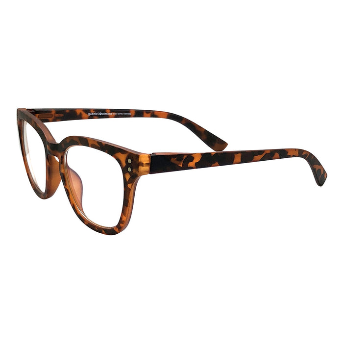 Tortoise-pattern rectangular eyeglasses with dark frame arms and clear lens openings
