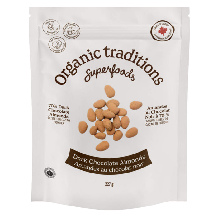Package of Organic Traditions Dark Chocolate Covered Almonds 227g